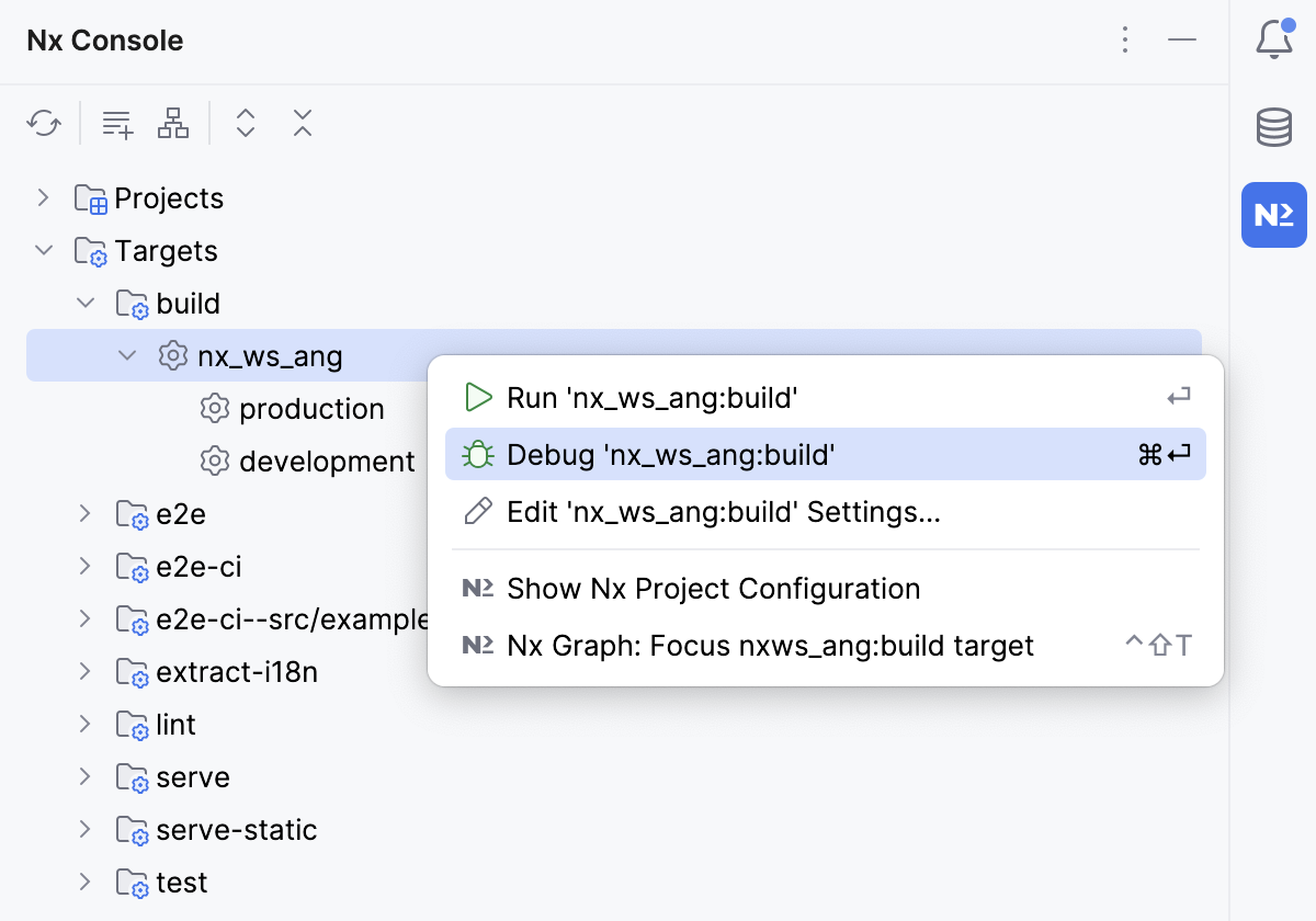 Nx tool window: Debug target