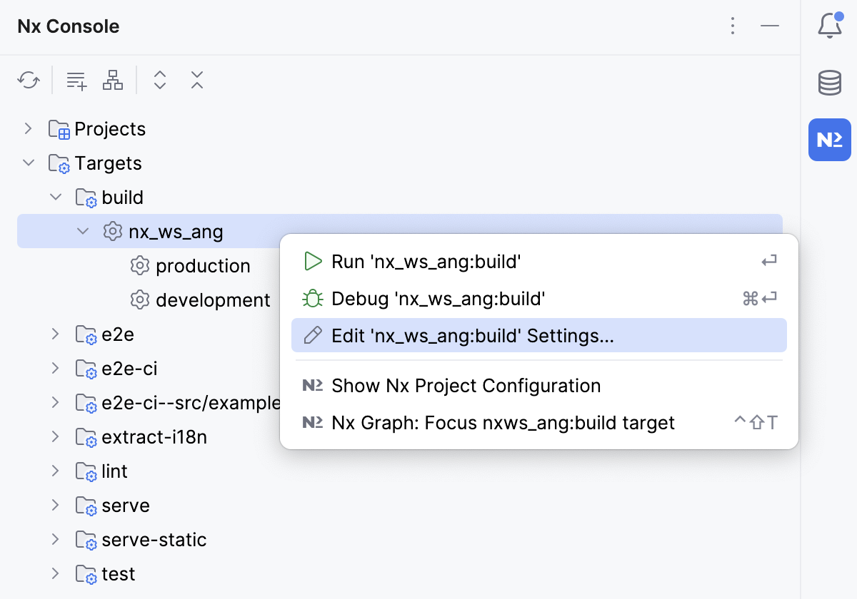 Nx console tool window: Edit run/debug configuration