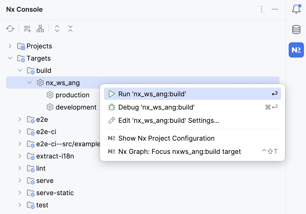 Nx tool window: Run target