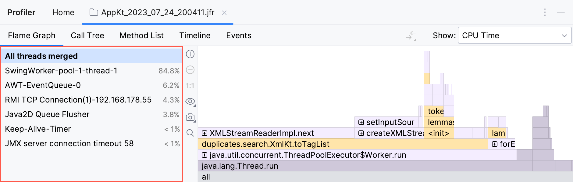 The Threads panel in the Profiler tool window