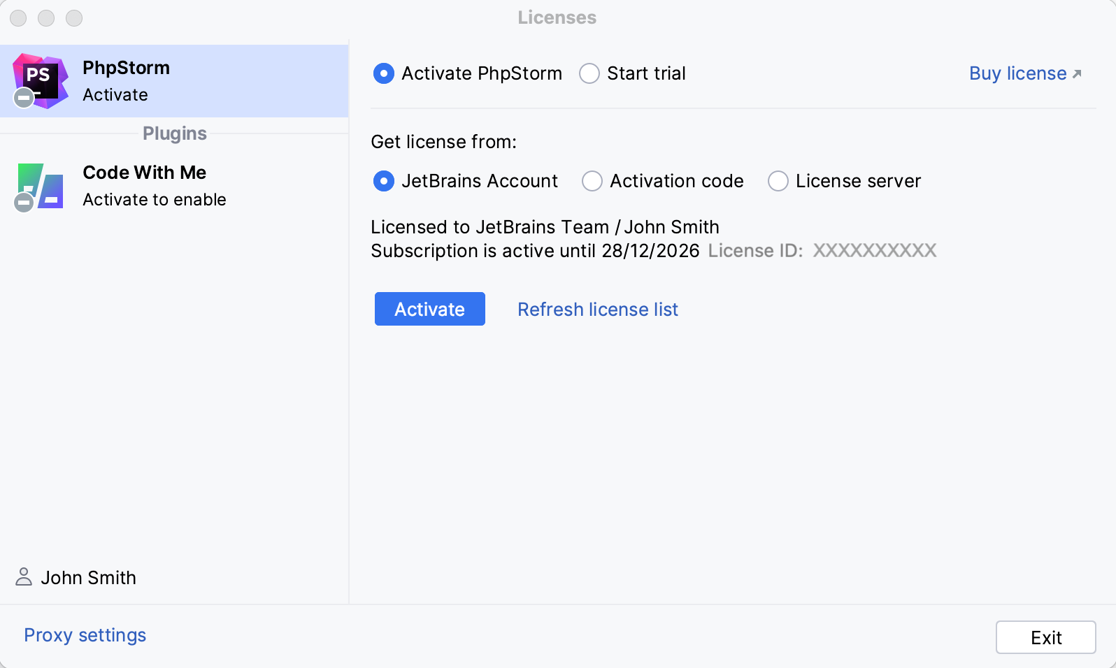 Activate PhpStorm license with a JB Account. License details.