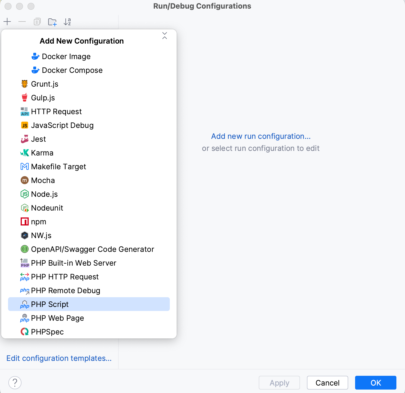 Selecting a new run/debug configuration template