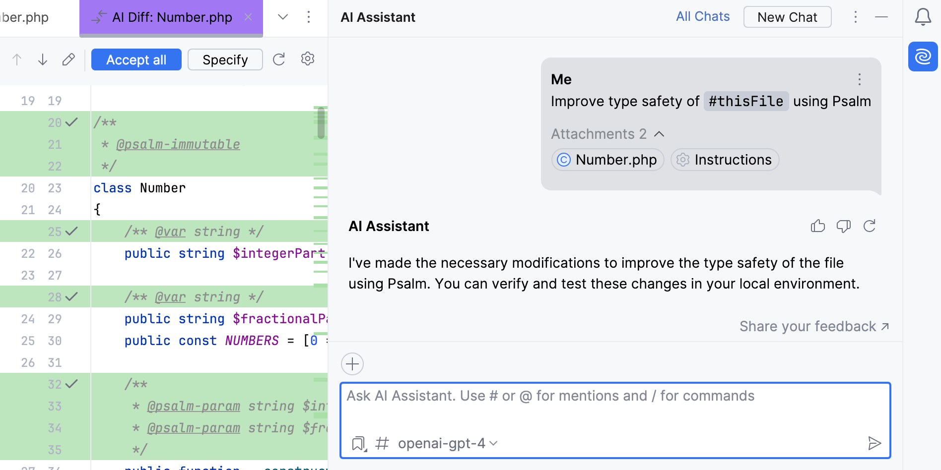 PhpStorm: Asking AI Assistant programming-related questions