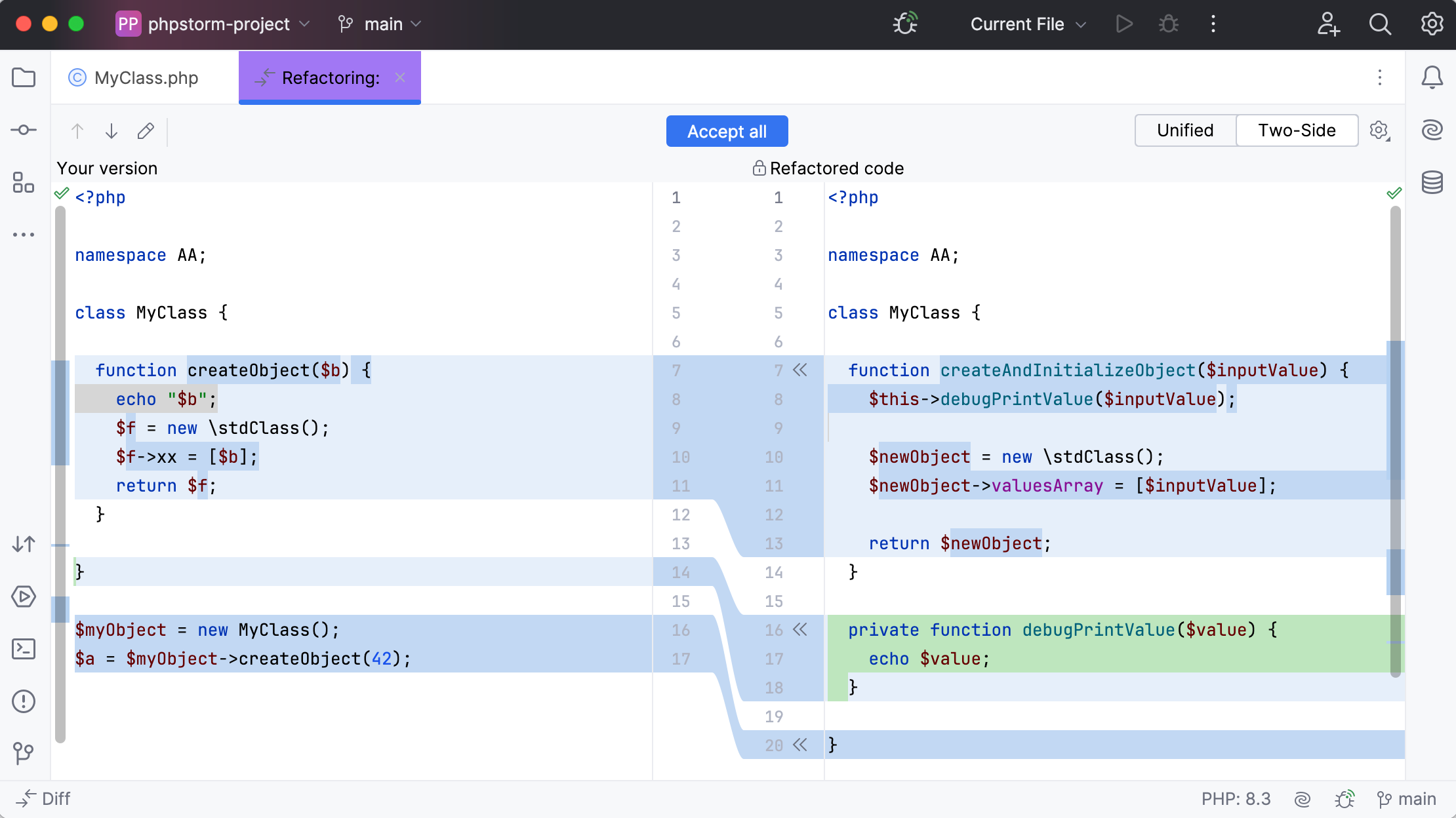 Diff tab with refactored code