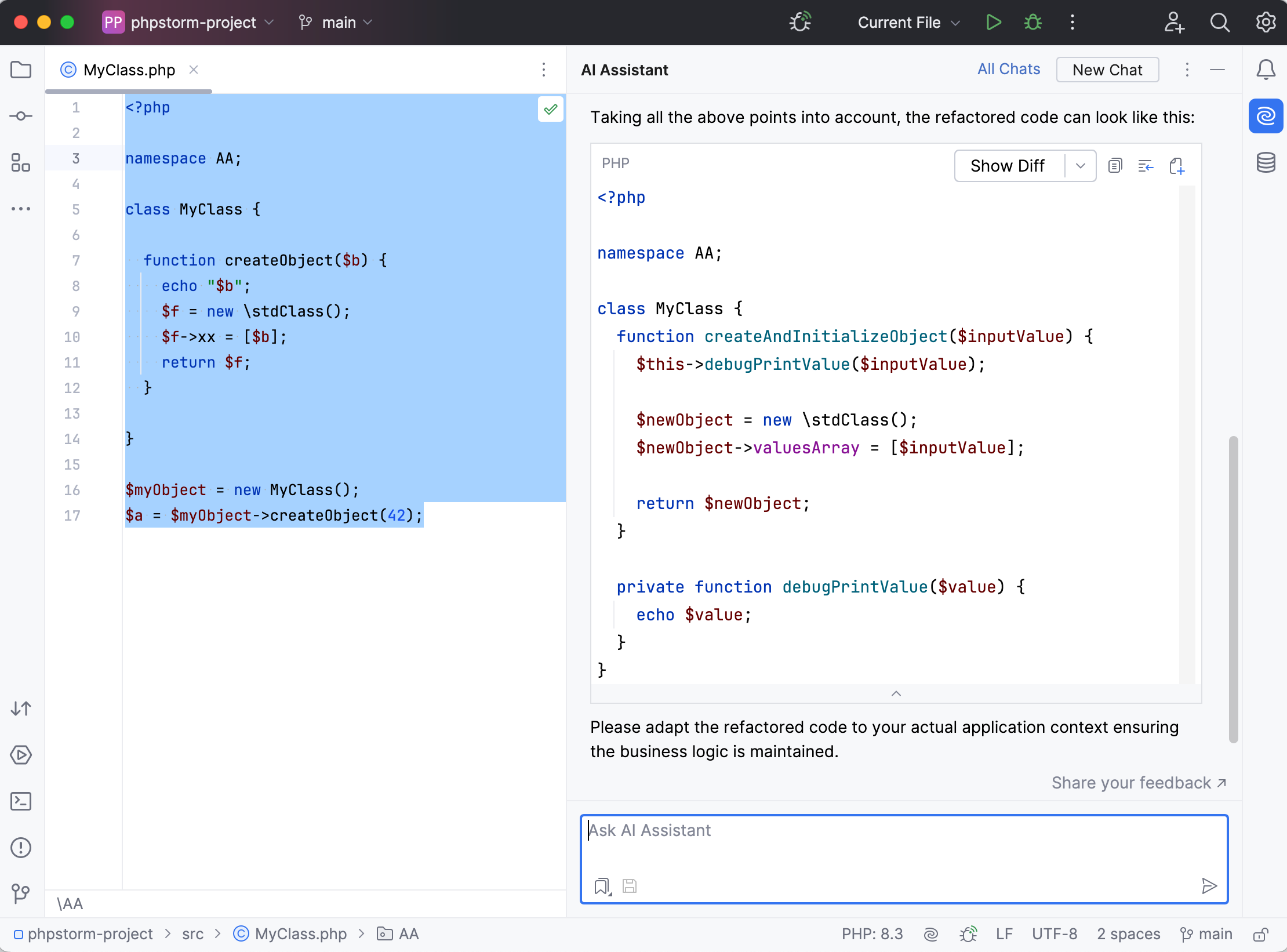 PhpStorm: AI Assistant suggests refactoring