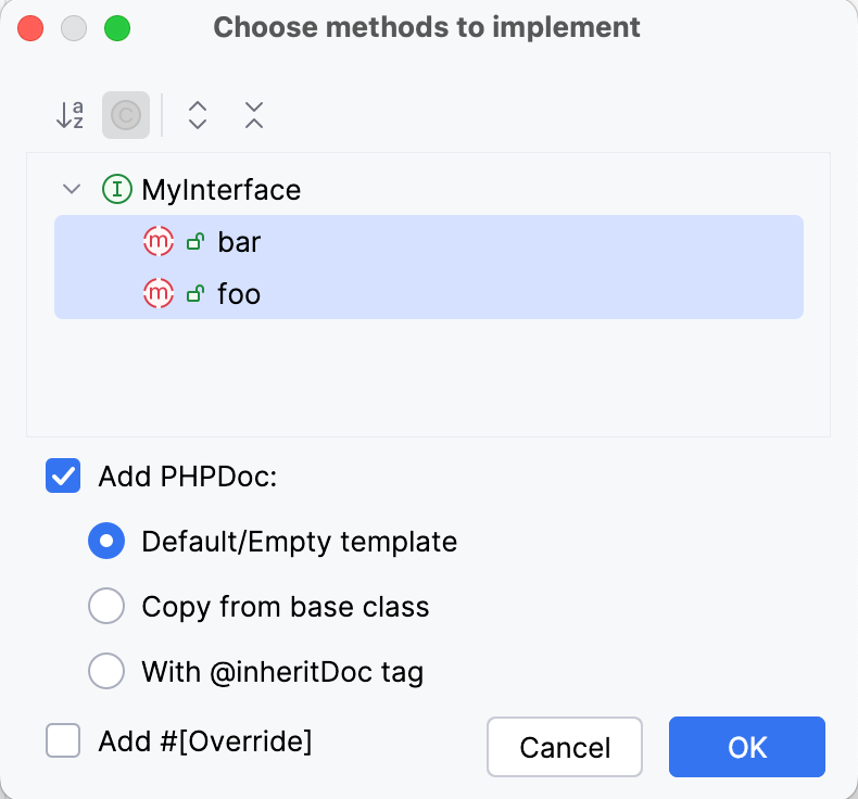 The Choose Methods to Implement dialog