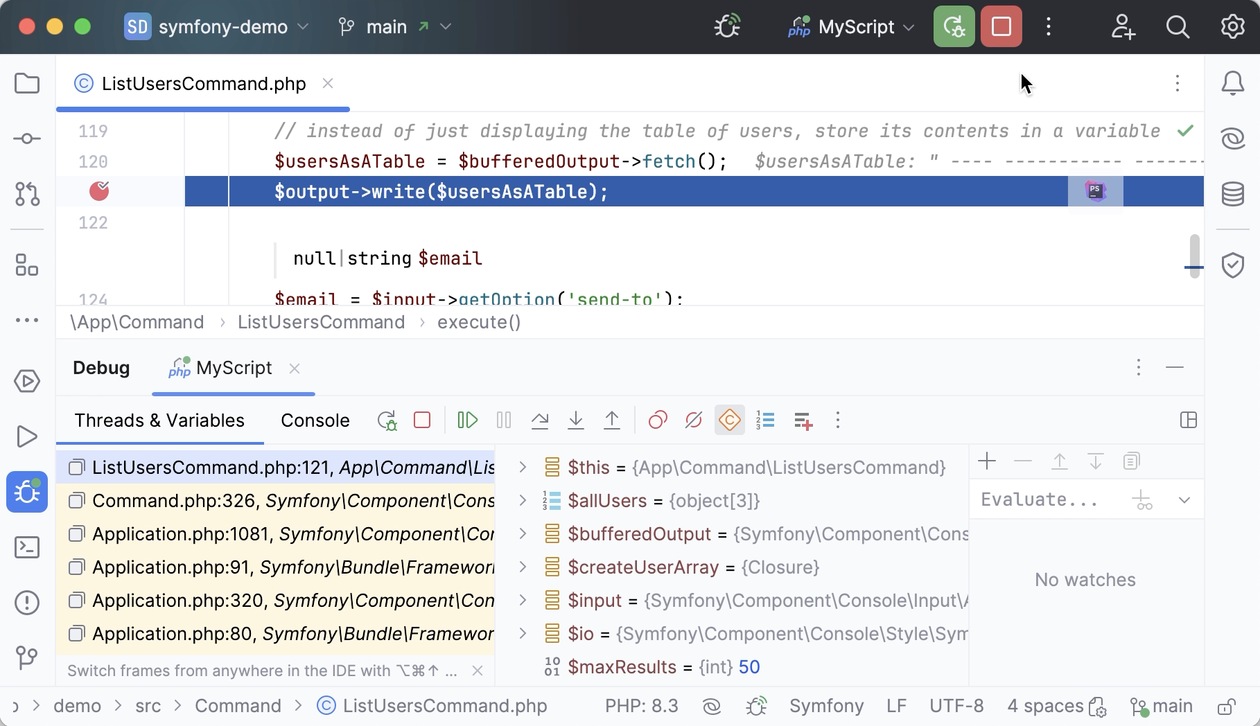 Debug a Symfony command