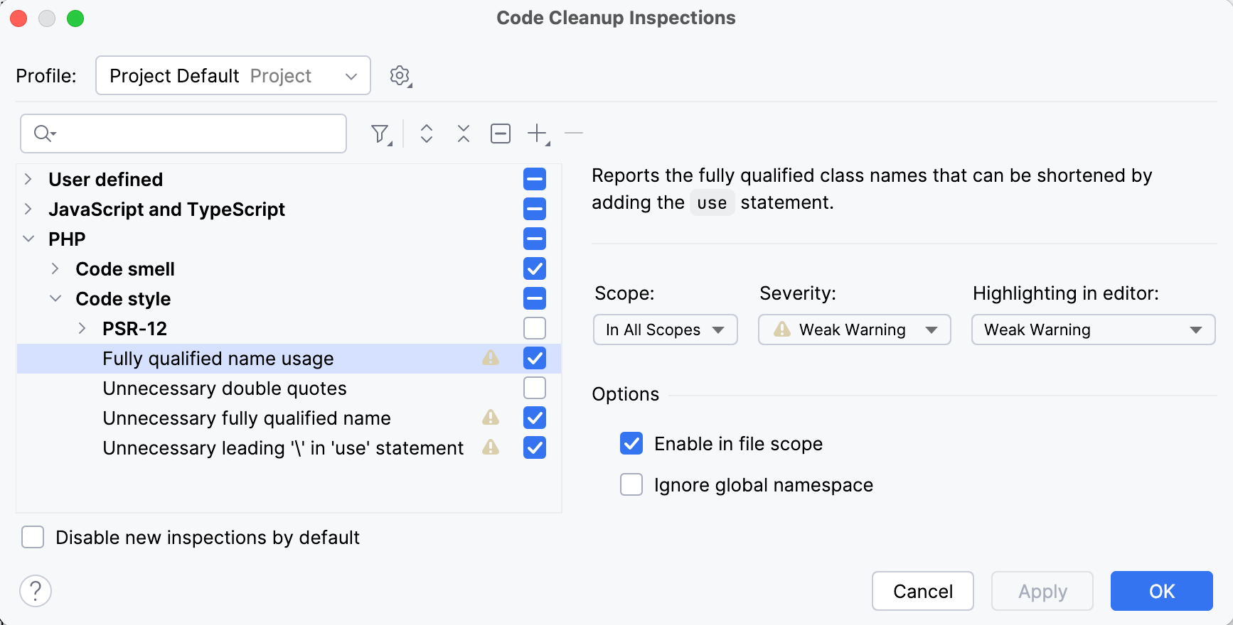 the Code Cleanup Inspections dialog: FQN Inspections