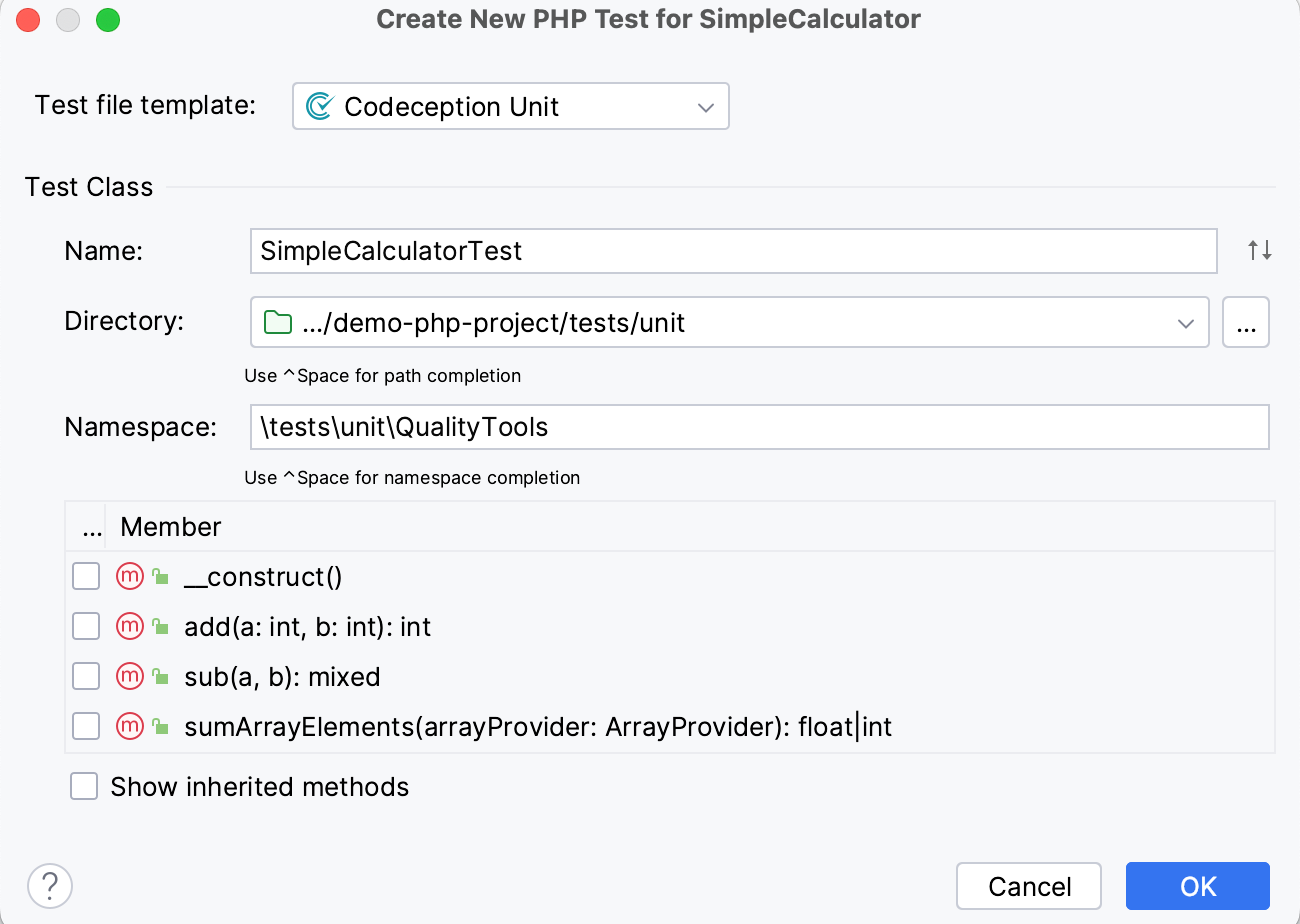 the Create new codeception test dialog