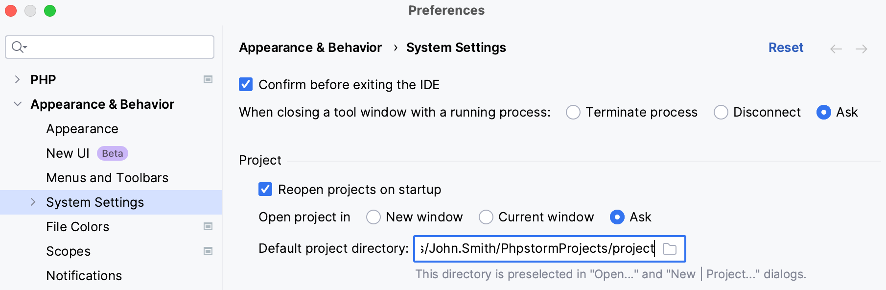 Changing the default location for projects