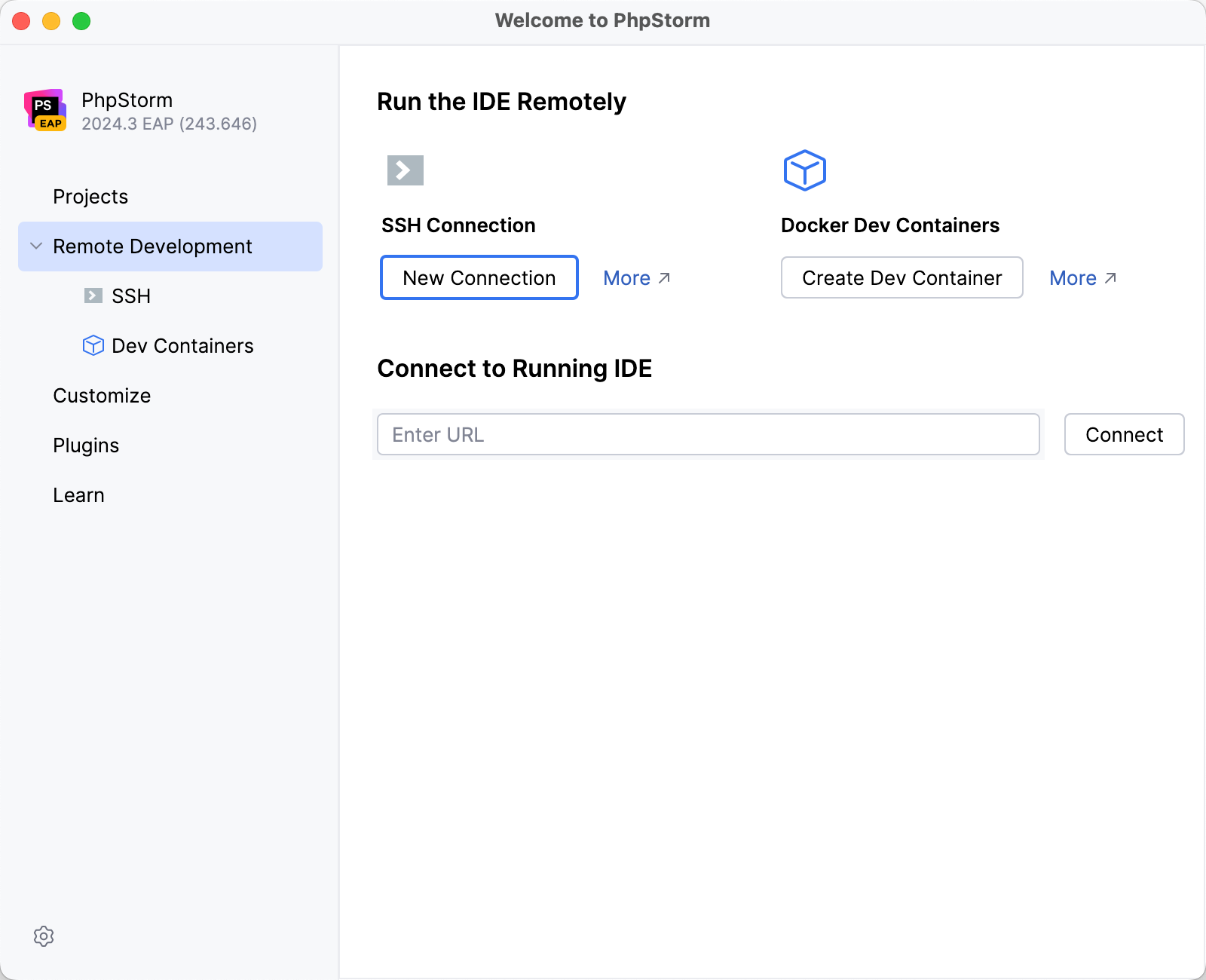 Configuring remote development settings on Welcome screen