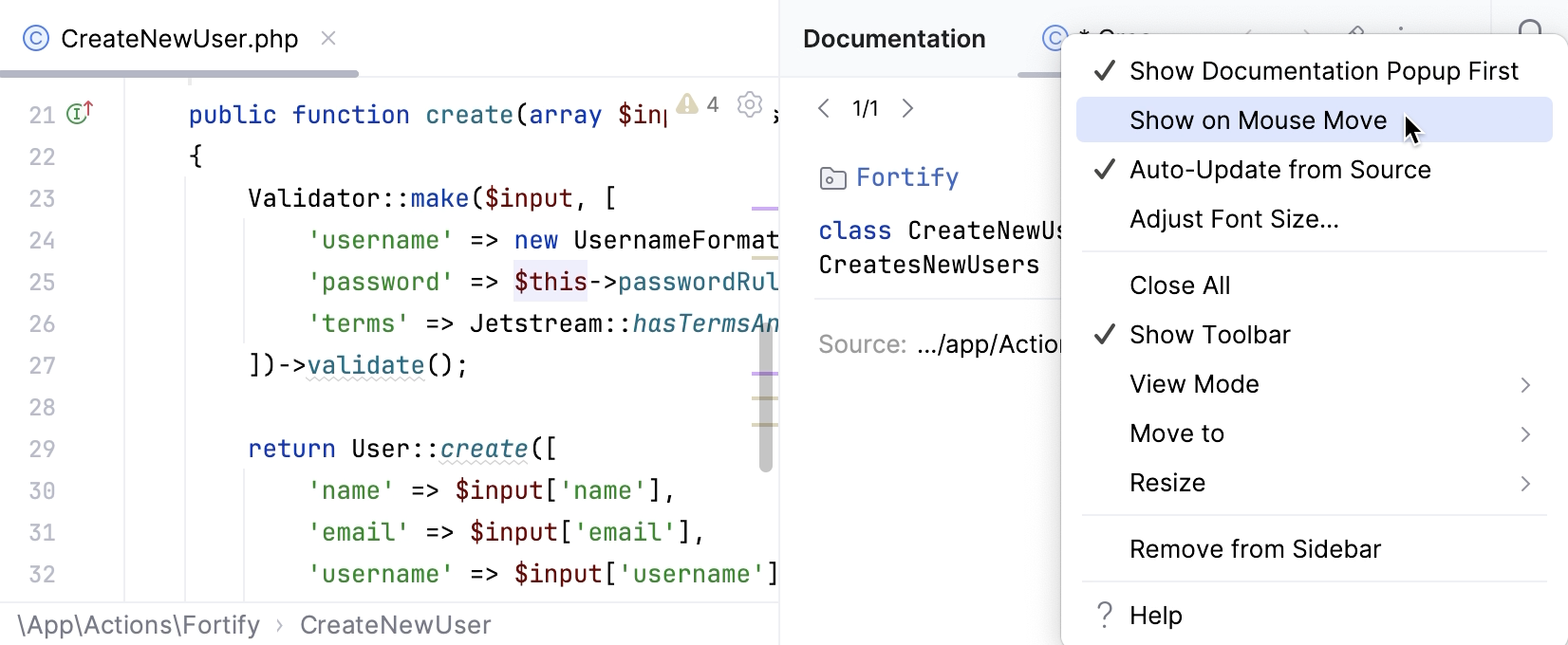 Documentation tool windowat caret