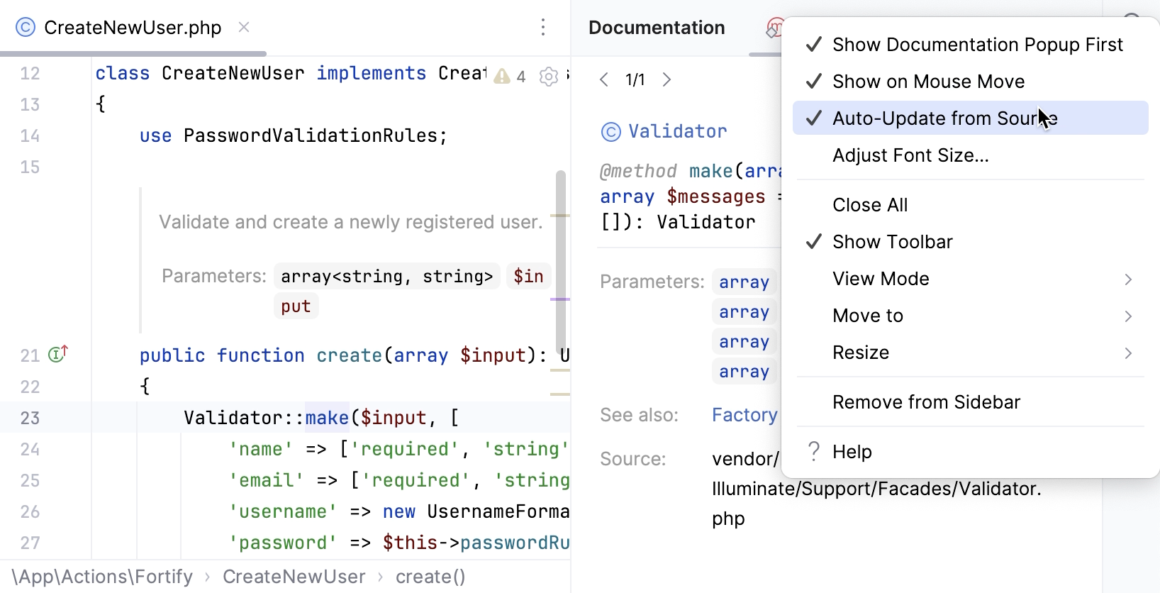 Documentation tool window on hover