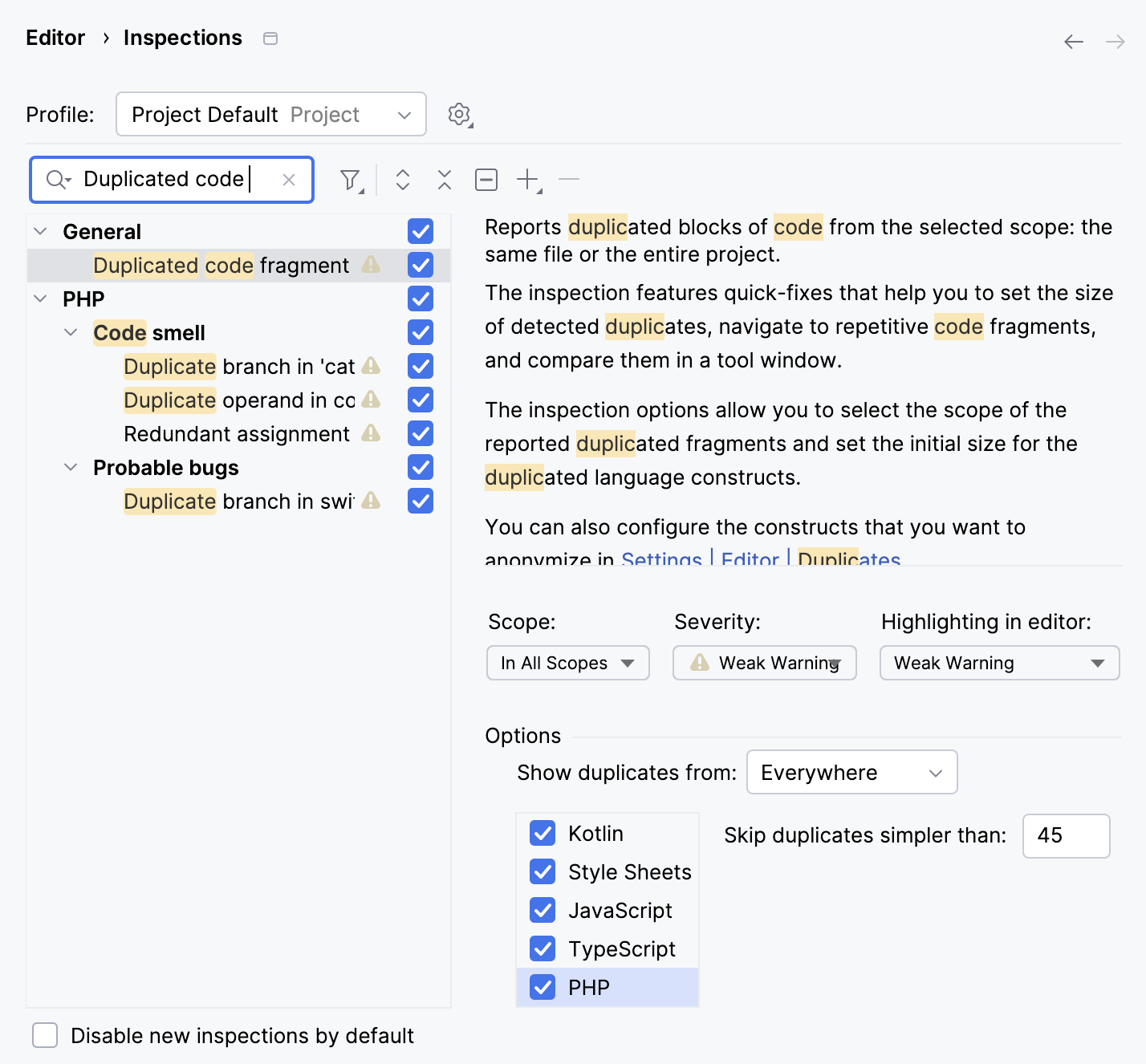 Duplicated Code Fragment inspection settings