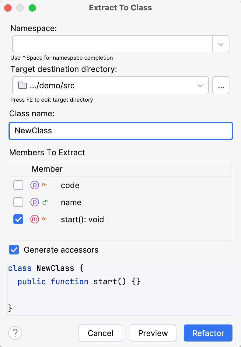 PhpStorm. Extract class refactoring