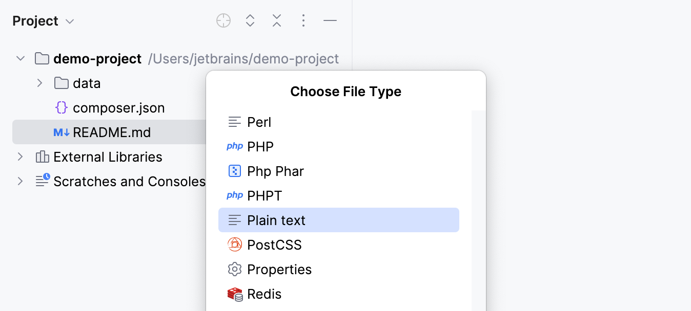 PhpStorm: Changing the file type from Project tool window