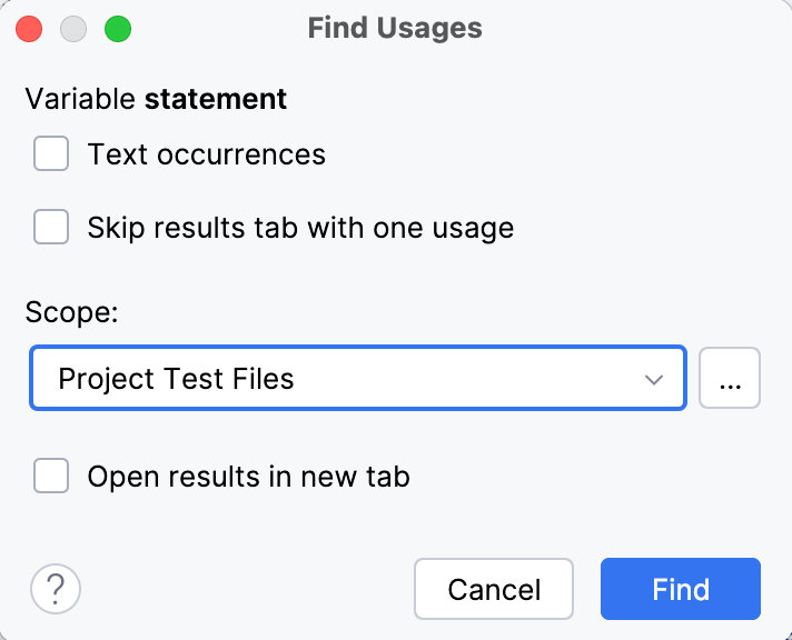 Find Usages dialog (Change Scope)