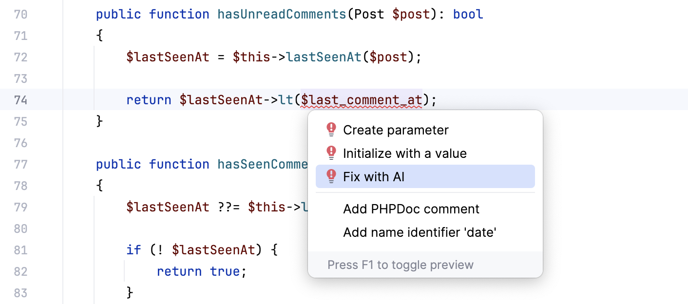 PhpStorm: Fix with AI