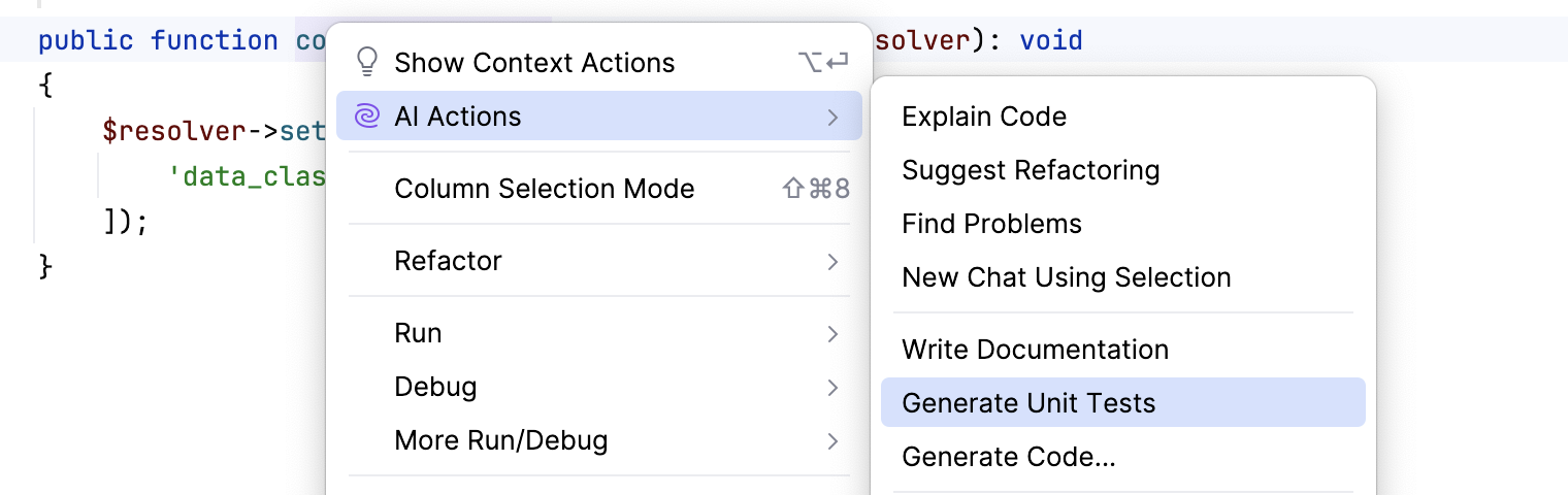 Generate Unit Tests action in context menu