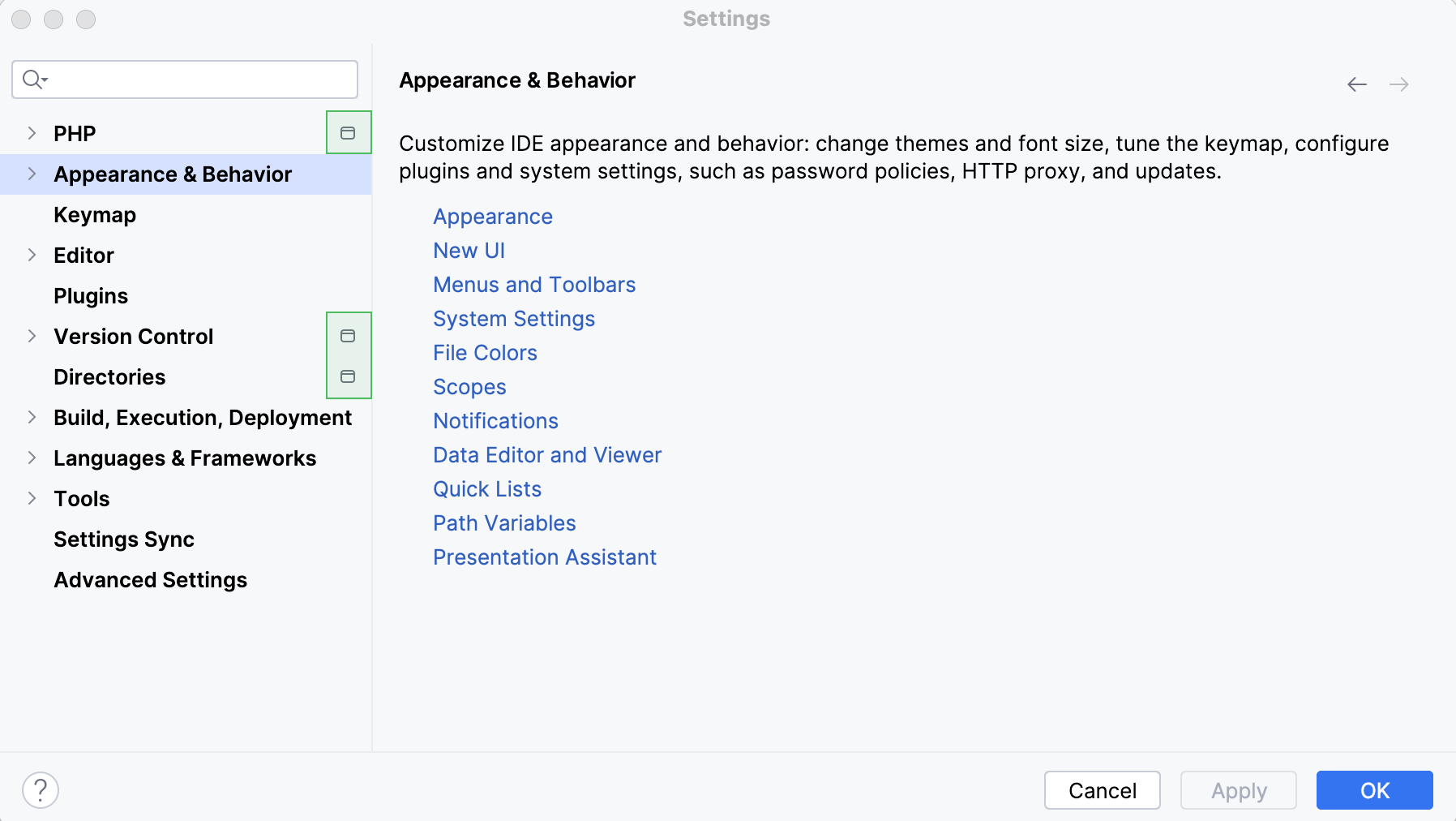 Project settings marked in the Settings dialog