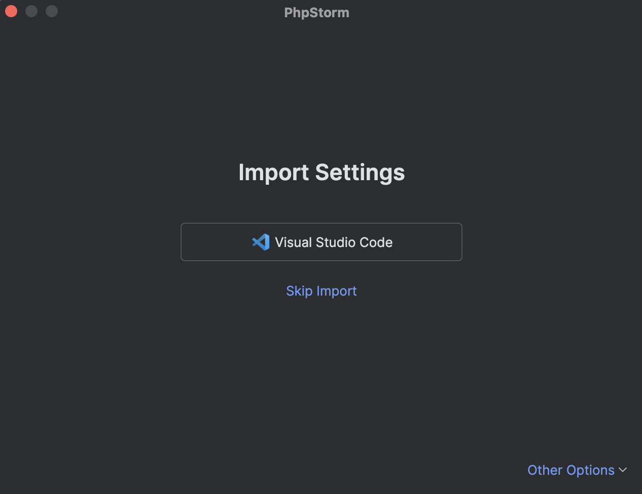 The Import Settings dialog with the cursor on the Visual Studio Code button