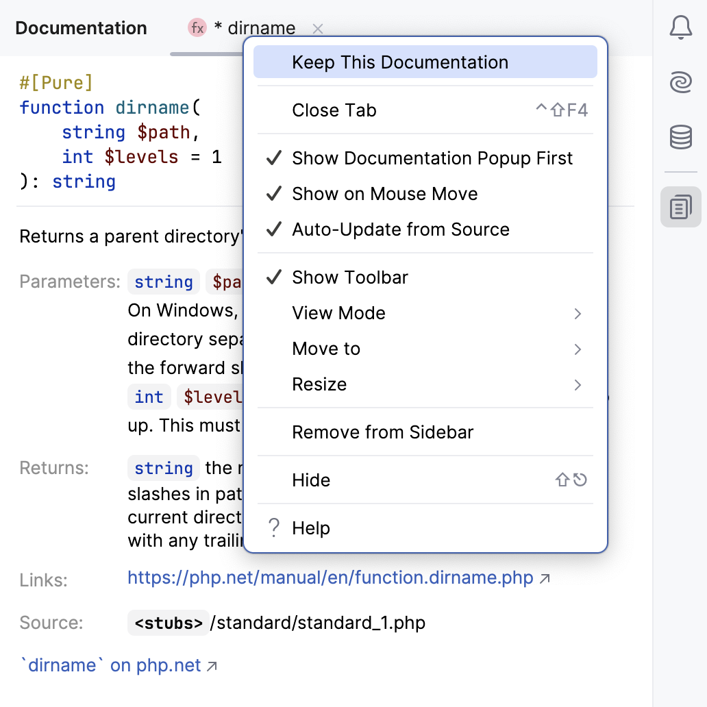 Keep Quick Documentation in tool window