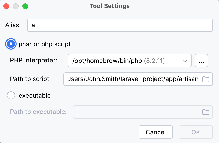 the artisan command-line tool settings