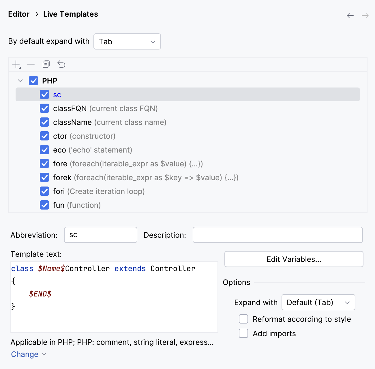 Live template settings page