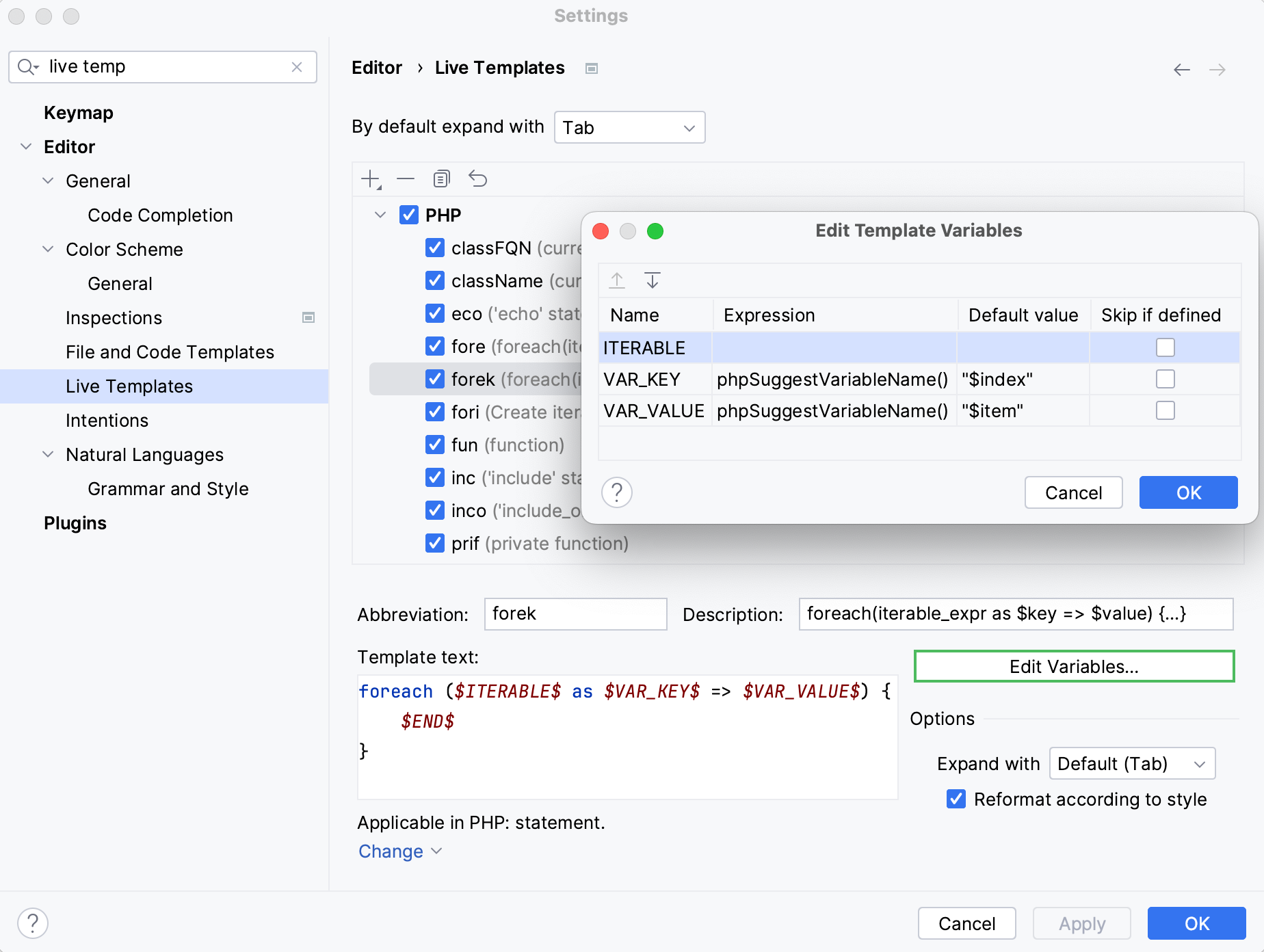 Live template variables