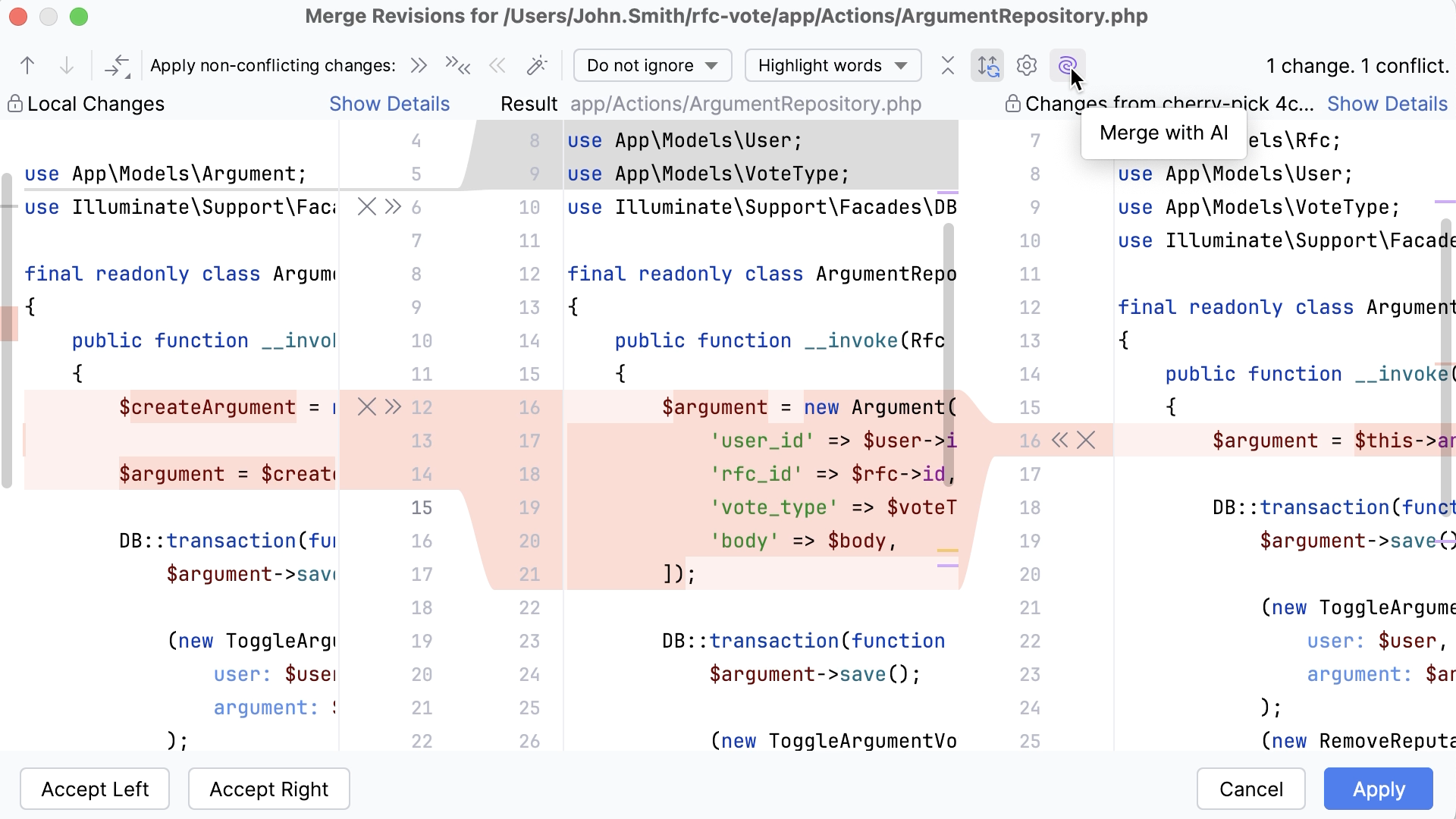 PhpStorm: The Merge with AI option in the Merge Revisions dialog