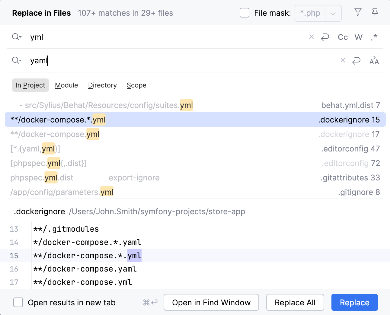 Customize PhpStorm: search and replace