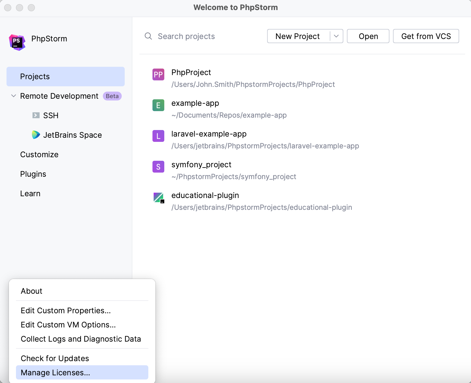 PhpStorm: Licenses dialog