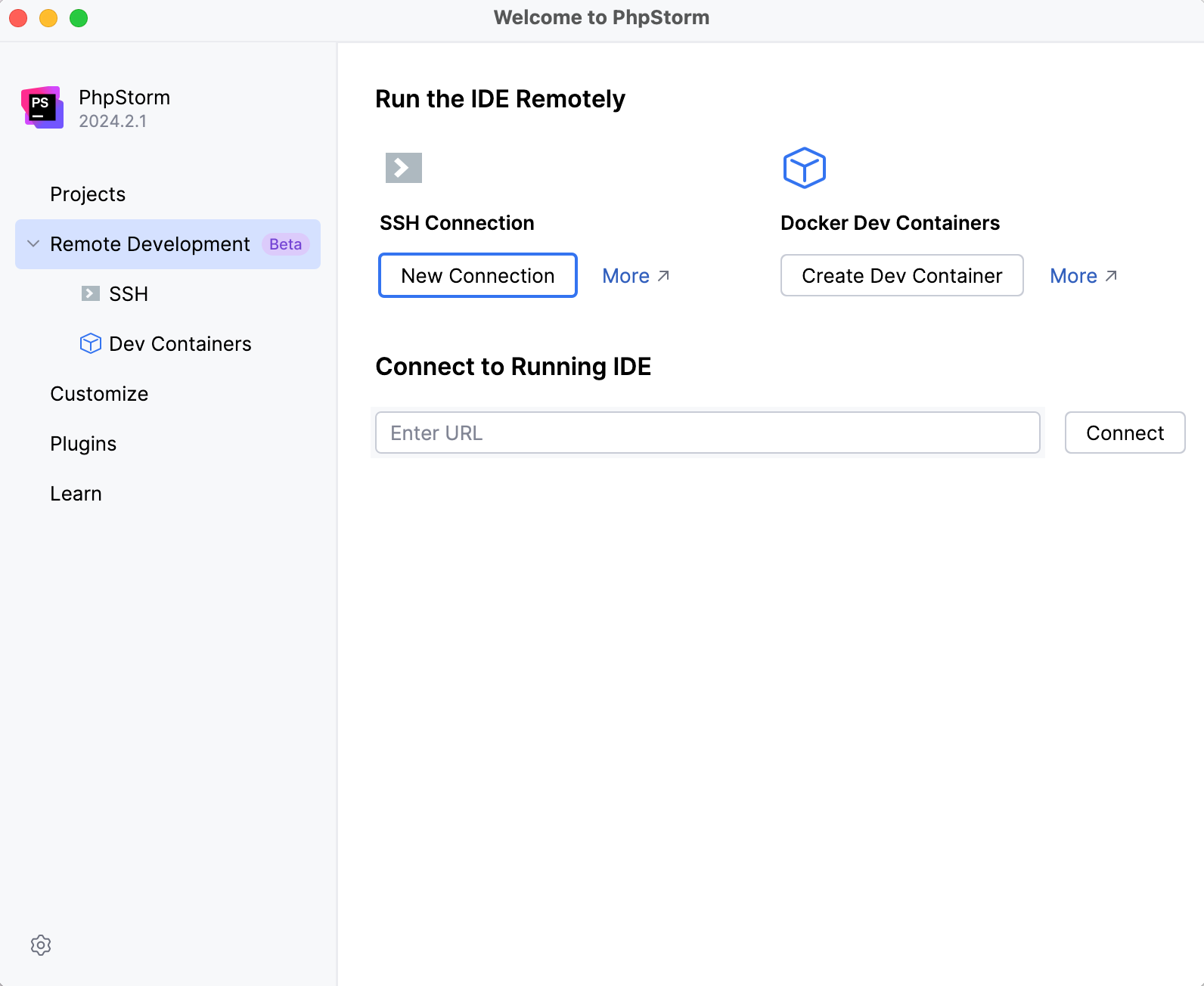 PhpStorm welcome screen