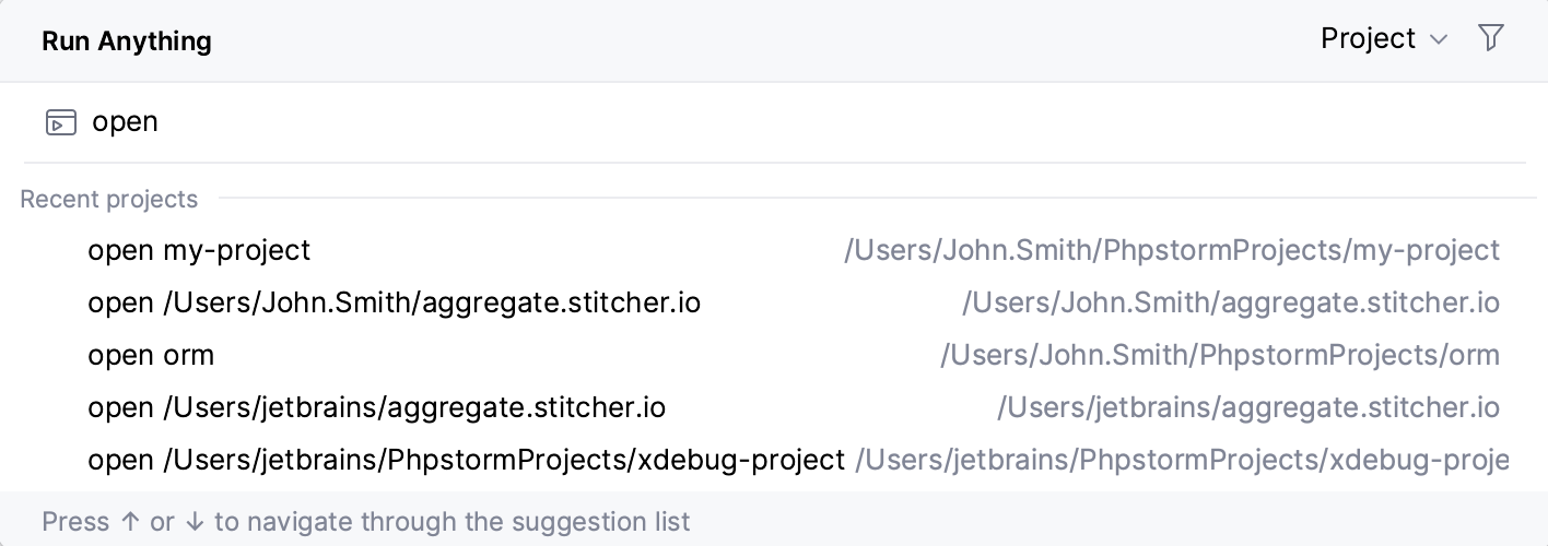Opening a recent project from the Run Anything popup