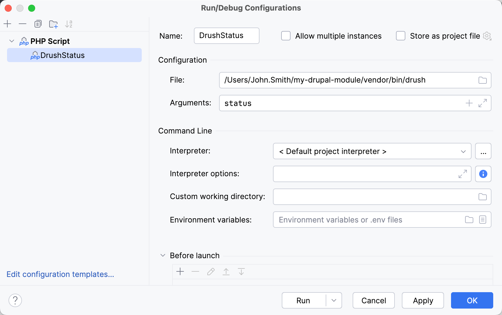 Run/Debug Configurations dialog for Drupal CLI command