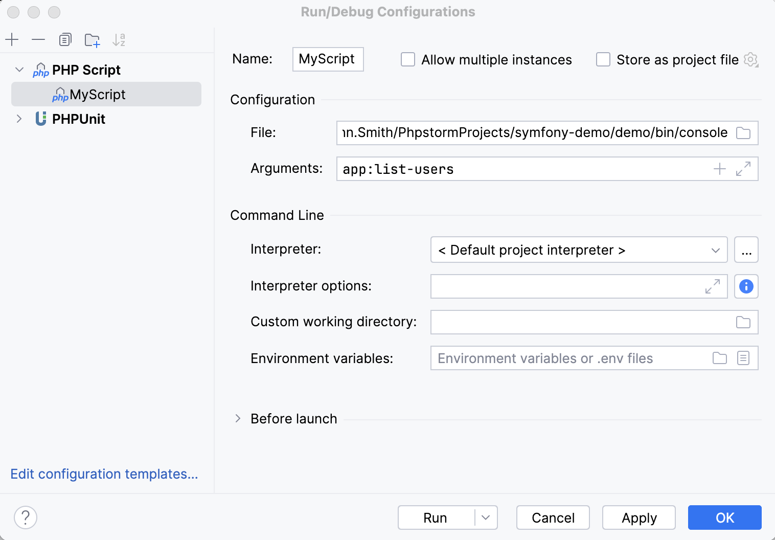 Run/Debug Configurations dialog for Symfony CLI command