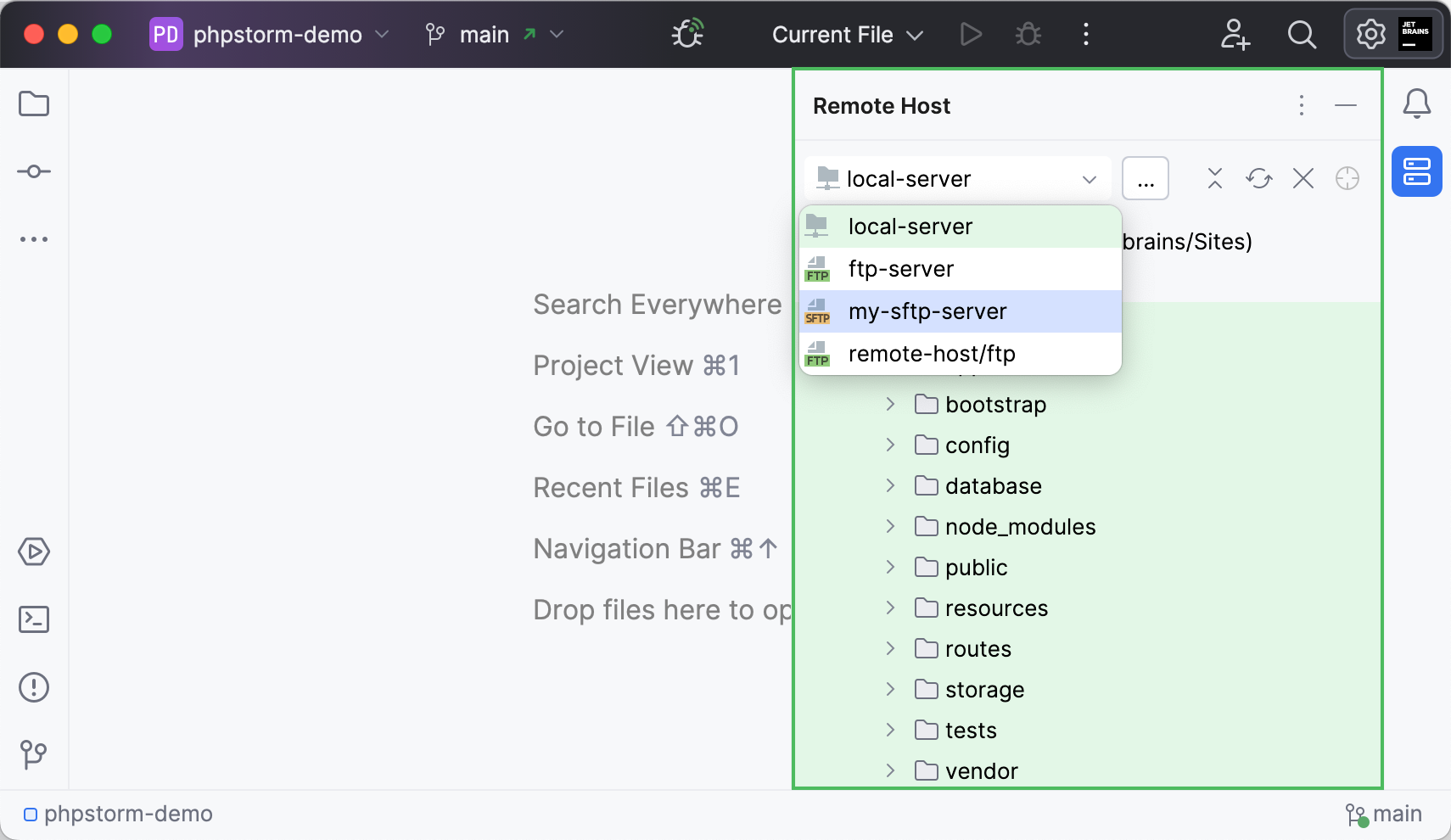 Open the Remote Host tool window and select the server