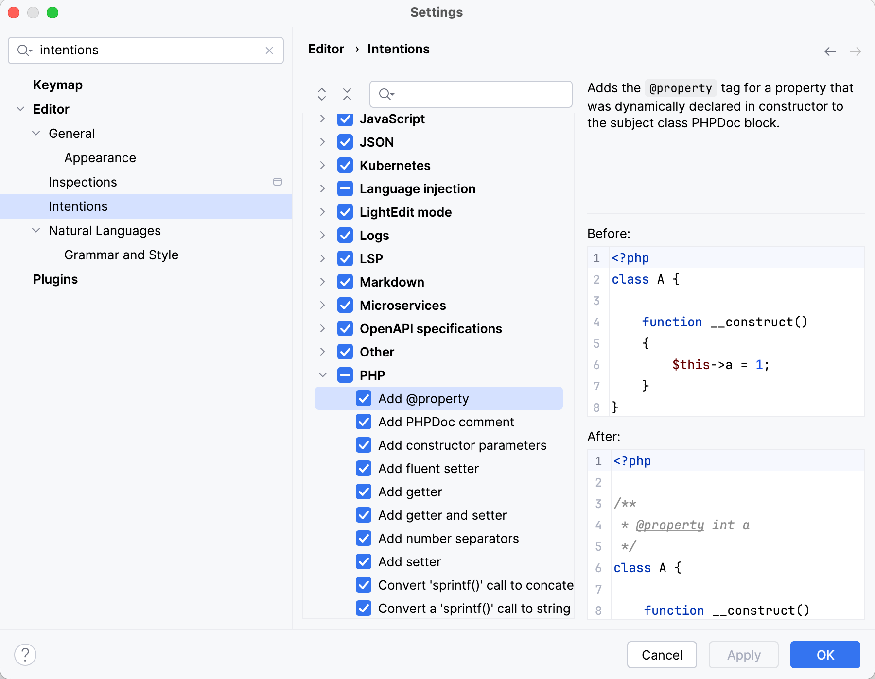 Settings of intention actions