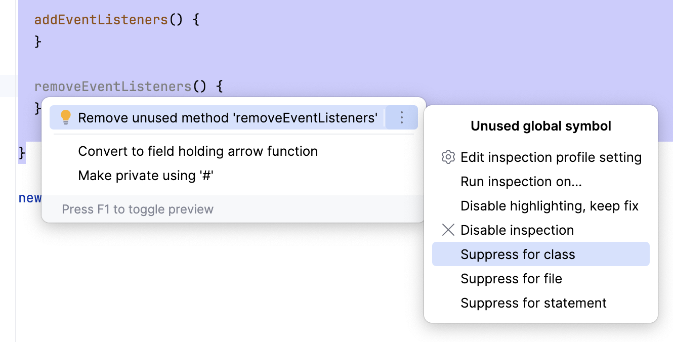 Suppress an inspection in a JavaScript class