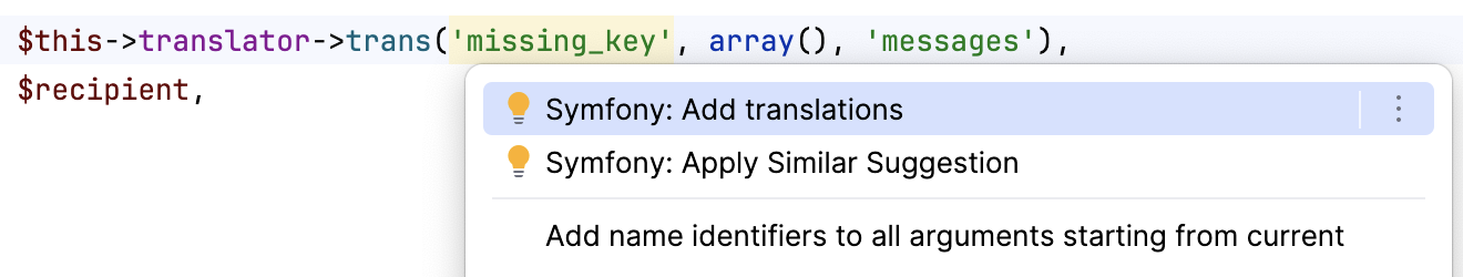 Add Symfony translation via the quickfix