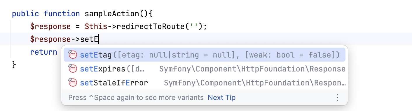 Symfony response name completion in a helper function