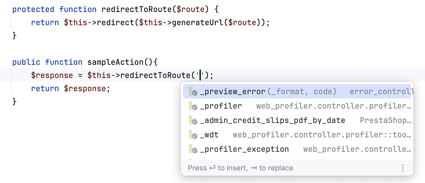 Symfony route name completion in a helper function