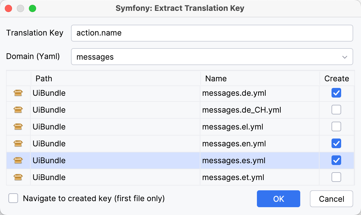 the Extract Translation dialog