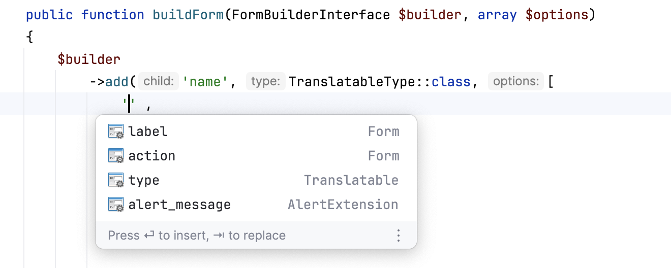 Symfony form builder field parameters completion