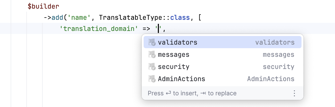 Symfony form builder translations completion