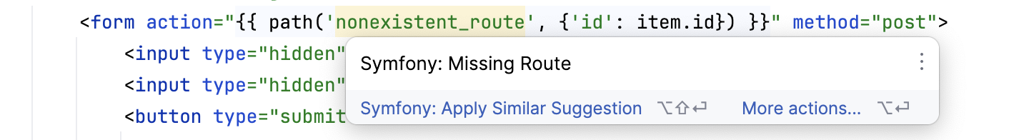 the Missing Route Symfony inspection