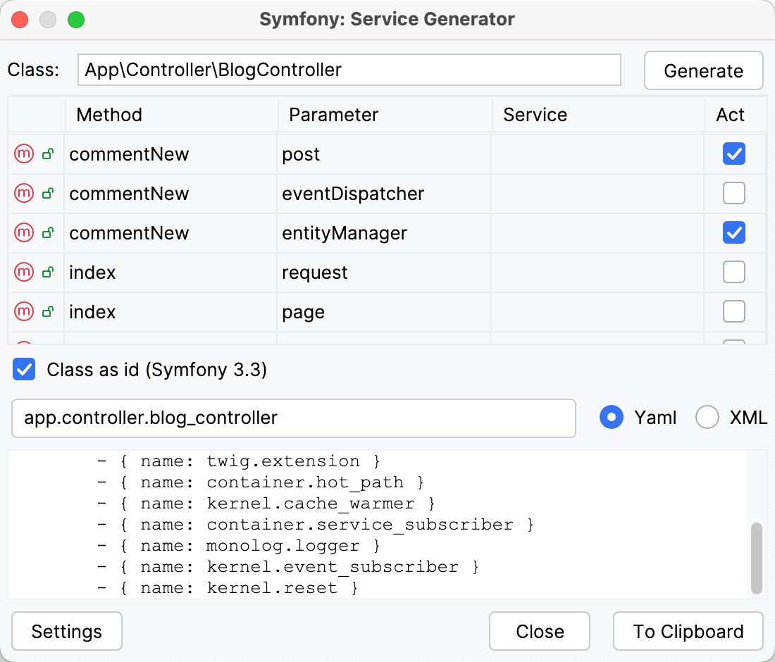 the Symfony Service Generator dialog