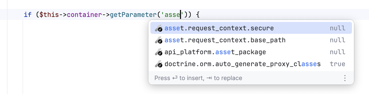 Symfony service parameters completion