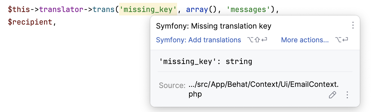 Symfony Missing translation inspection