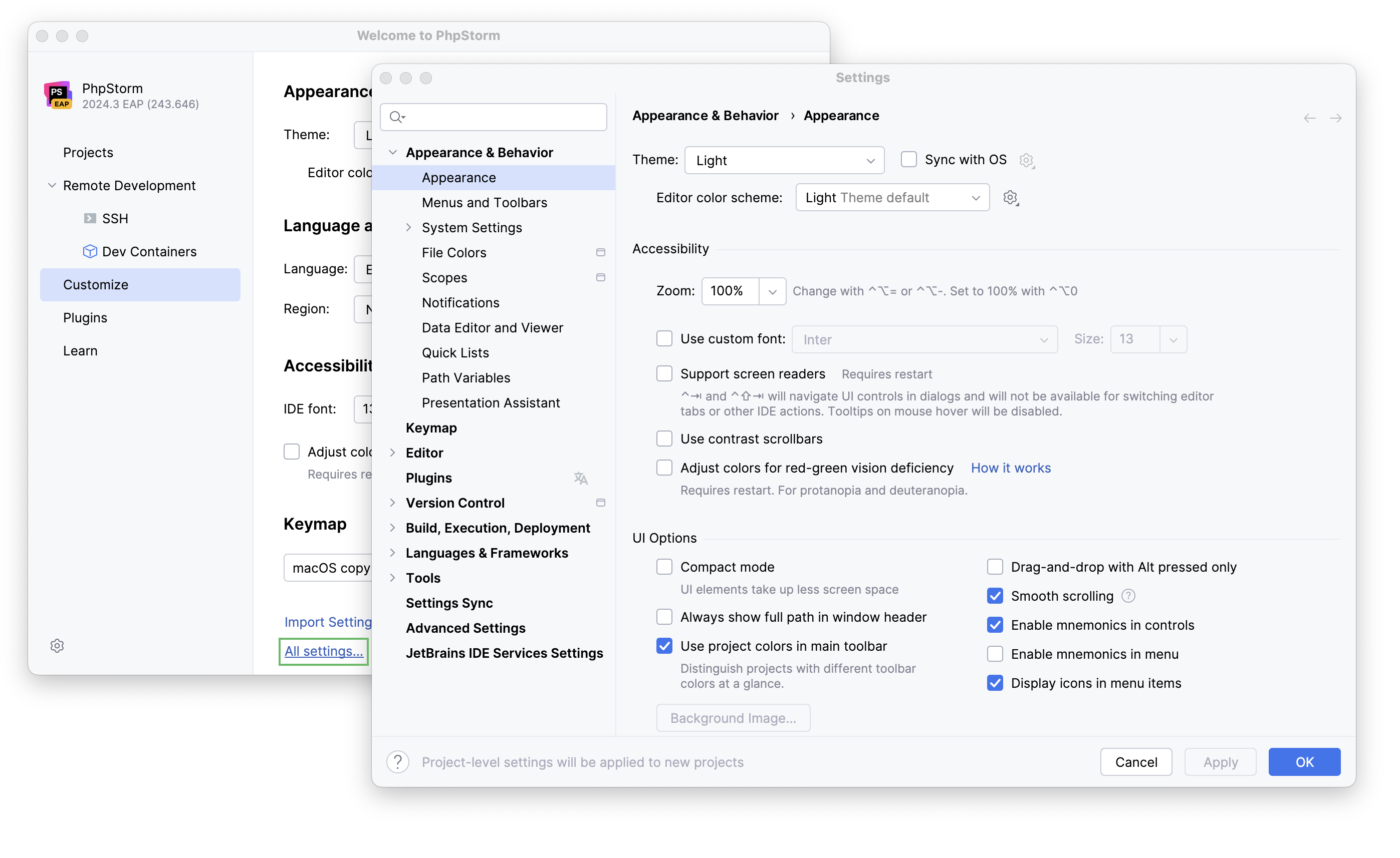 Configuring new default settings for projects